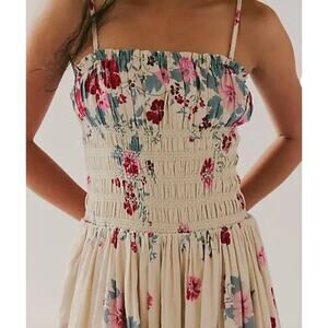 Free People Annalise Floral Midi Dress Smocking Drop Waist Ivory Pink Small NWT